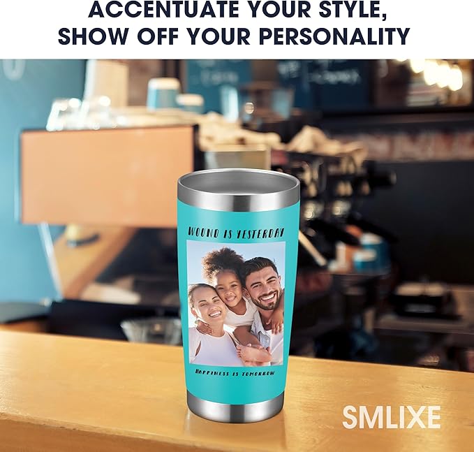 Personalized Custom Tumbler Print in USA 20oz Stainless Steel Coffee Cup with Lid & Straw Double Wall Insulated Tumbler with Colorful Text Logo Photo
