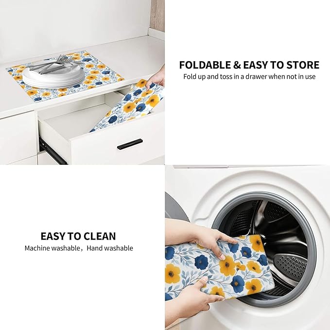Blue Yellow Floral Dish Drying Mats for Kitchen Counter, 16" x 18" Absorbent Microfiber Drying Pad for Dishes, Decorative Kitchen Mat for Sink & Dining Area, Washable Foldable Reversible, Home Decor
