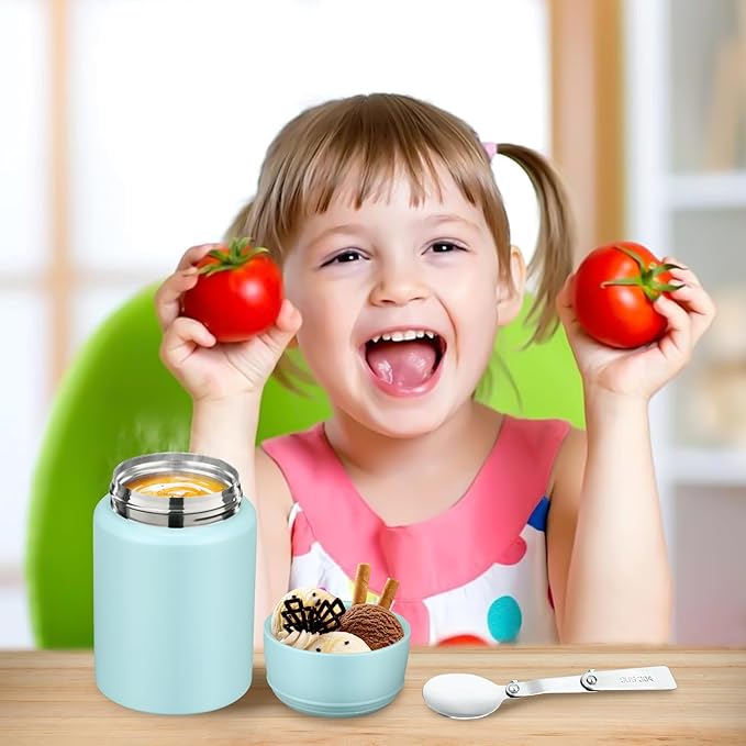 17oz Soup Thermo for Hot Food Kids Insulated Food Jar,Thermo Hot Food Lunch Container, Width Mouth Stainless Steel Lunch Box for Kids with Handle Folding Spoon(Ice Blue - Pure)