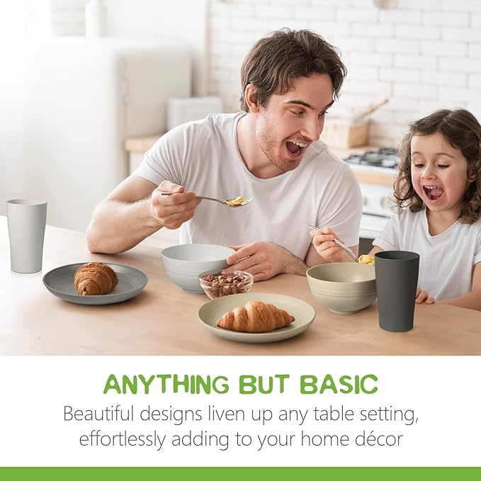 Teivio 32-Piece Kitchen Plastic Wheat Straw Dinnerware Set, Service for 8, Dinner Plates, Dessert Plate, Cereal Bowls, Cups, Unbreakable Colorful Plastic Outdoor Camping Dishes, Gray Stone