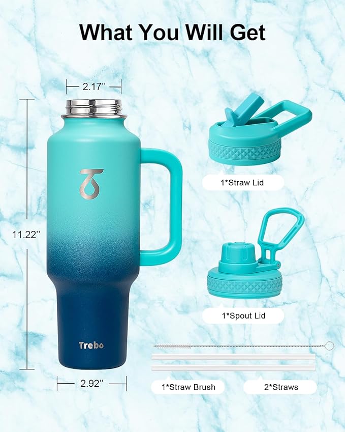 Trebo 40 oz Water Bottle Insulated Fit Car Cup Holder with Handle, Stainless Steel Retro Bottles Tumbler with Straw Lids, Vacuum Double Wall,Keep 24hrs Cold,Leakproof Reusable Travel Flask