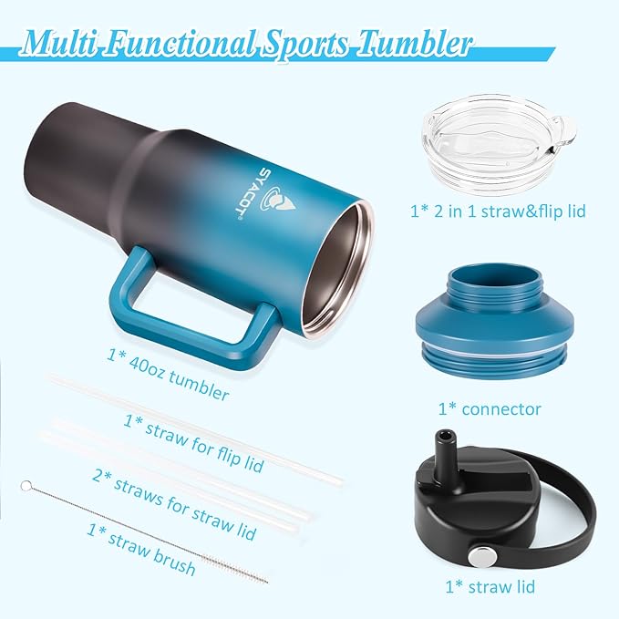 40 oz Tumbler with Handle and Straw or Convert to 40 oz Insulated Water Bottle Fits in Cup Holder. Stainless Steel Metal Water Flask with 2 Lids for Travel,Camping,Gym Sports Coffee Mug Thermal Cup