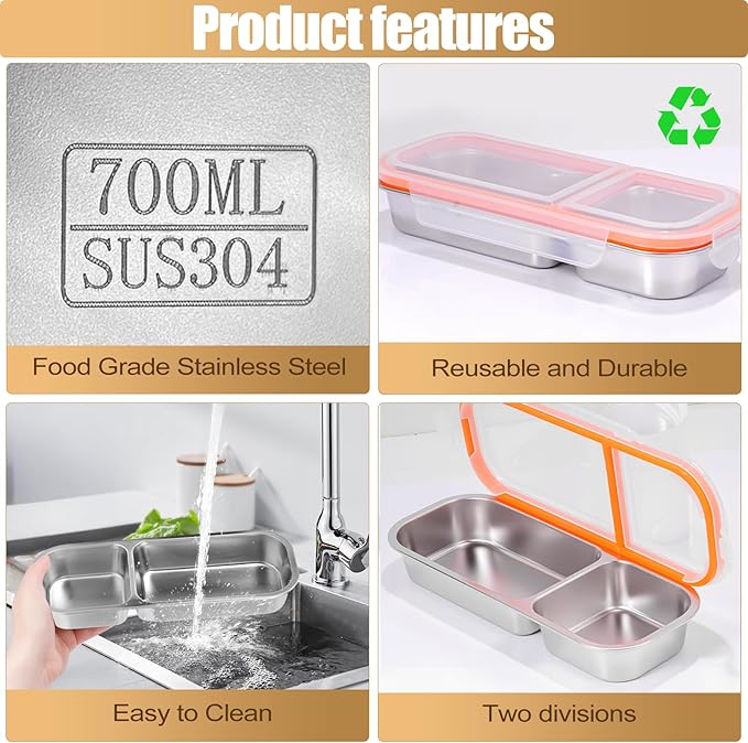 3 Pack Stainless Steel Snack Containers - Reusable 2 Compartment Snackle Box Container with Lids for Kids Adults, Divided Snack Food Storage Containers for School, Home, Travel