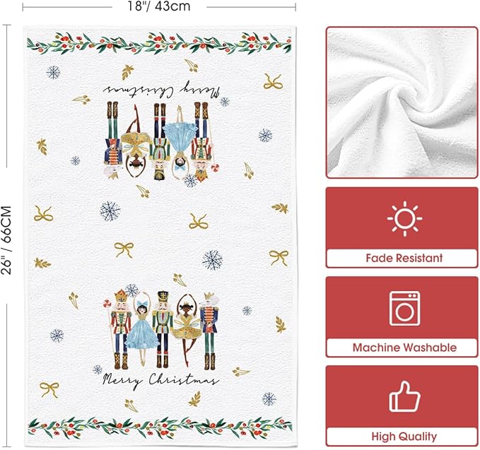 Artoid Mode Nutcrackers Xmas Balls and Trees Merry Christmas Kitchen Towels Dish Towels, 18x26 Inch Snowflakes Decoration Hand Towels Set of 2
