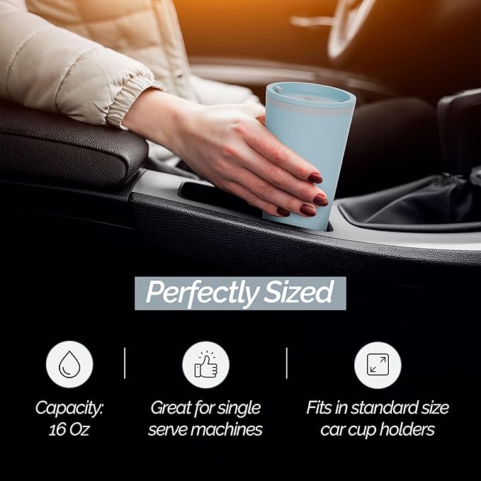 Copco Cone 16oz Insulated Travel Mug with Handle, Double Wall, Slide-Closure Lid, BPA-Free, Microwave & Dishwasher Safe, Reusable Plastic Travel Coffee Tumbler - Portable Coffee Cup (Light Blue)