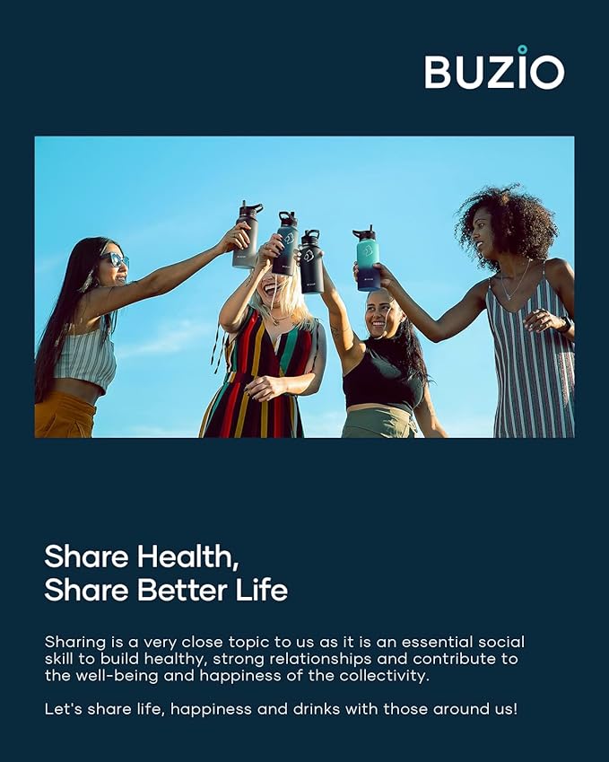 BUZIO 32 oz Water Bottle Insulated with Straw & 3 lid and Carrying Pouch, Leak Proof Anti-Slip Stainless Steel Water Flask Jug, Cold for 48 Hrs Double Vacuum Thermo Canteen, BPA-Free, Caribbean Blue