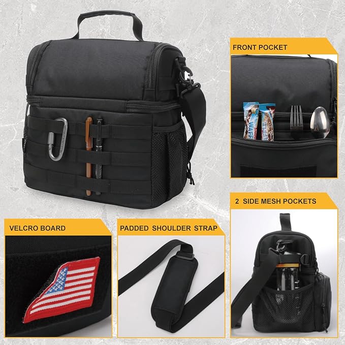 ATRIPACK 2 Compartment Lunch Bag for Men Adult, Tactical Lunch Box Leakproof Insulated Large Cooler Bag for Work with Adjustable Shoulder Strap Flag Double Layer Lunch Pail(Black)