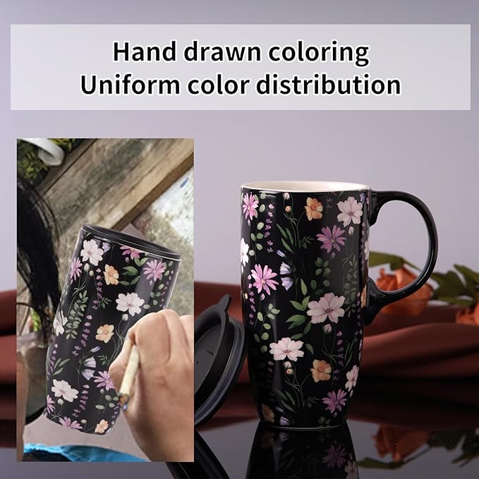 Topadorn Ceramic Travel Mug Coffee Cups with Spill-Proof Lid, Latte Mugs for Home and Office with Gift Box, Holiday Gift Her Him, Black