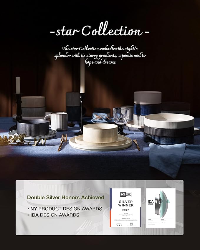 Famiware Star Dinnerware Set with Pasta Bowls, Service for 4 (16pcs), Ribbed Stoneware Plates and Bowls Dishes Sets - Chip & Scratch Resistant, Microwave & Dishwasher Safe, Nebulas Blue