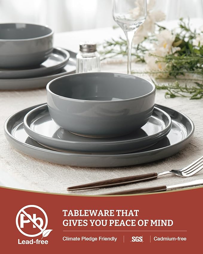 Famiware Milkyway Dinnerware Sets, 24 Piece Dish Set, Plates and Bowls Sets for 8, Dark Gray