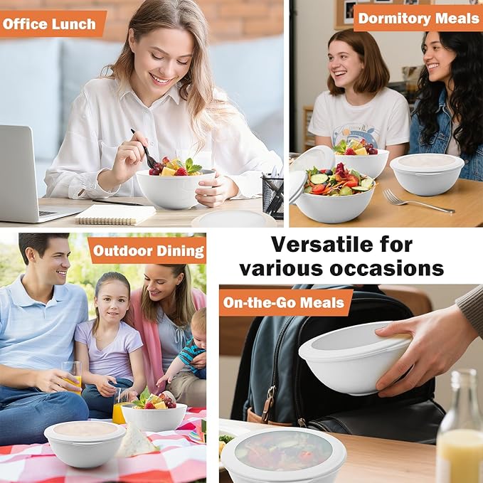 Wheat Straw Bowls Set 40 OZ, Unbreakable Bowls with Dust-Proof Lids Set of 4, Microwave & Dishwasher Safe, Alternative Reusable Plastic Bowl for Cereal, Soup, Salad and Ramen, White