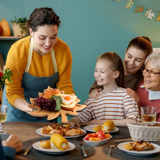 AWIZOM Maple Leaf Charcuterie Boards Thanksgiving Wooden Serving Platter Bamboo Serving Tray Sectional Fall Leaf Wood Dish Plate for Halloween Autumn Harvest Party Supplies,14.17x14.17x0.59 Inch