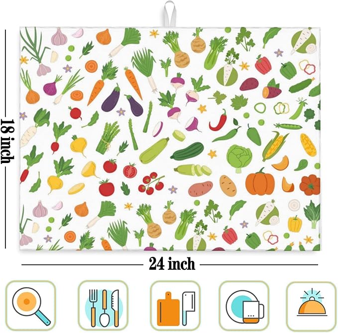 Vegetable Theme Kitchen Dish Drying Mat for Counter, Dish Draining Mat Microfiber Absorbent Reusable Washable Extra Large 18"x24" (vegetable, 18"x24")