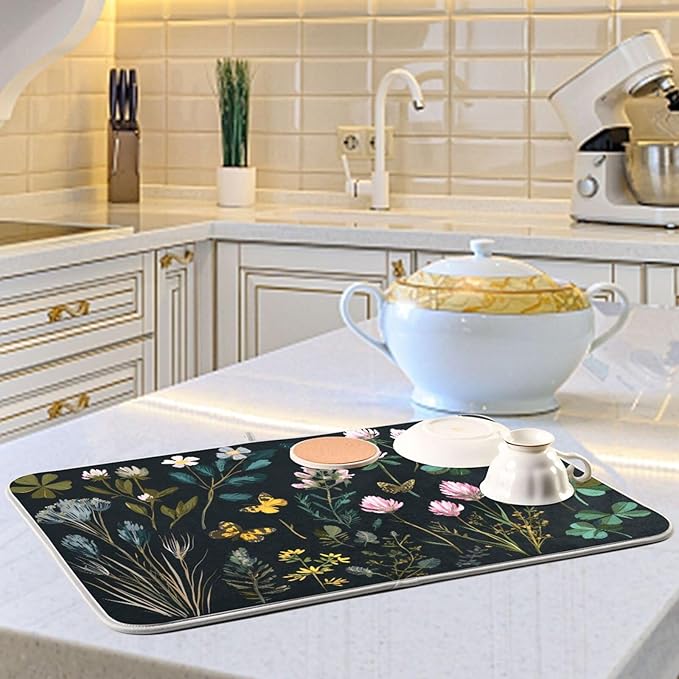 Wildflowers and Grasses Dish Drying Mat for Kitchen Counter Super Absorbent Dishes Pad Reversible Microfiber Protector Dish Draining Mats 16x18 inch