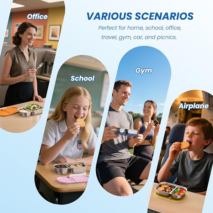 Stainless Steel Snack Containers, Capacity Upgrade 2 Compartment Snack Containers with Lids, Reusable Food Storage Containers with Lids for Travel, Outdoor, Camping (Blue)