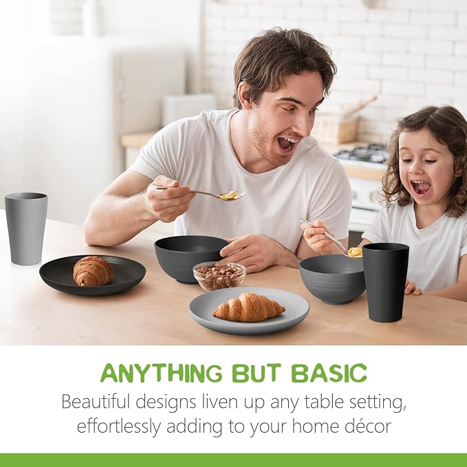 Teivio 32-Piece Kitchen Plastic Wheat Straw Dinnerware Set, Service for 8, Dinner Plates, Dessert Plate, Cereal Bowls, Cups, Unbreakable Colorful Plastic Outdoor Camping Dishes, Gray Ombre