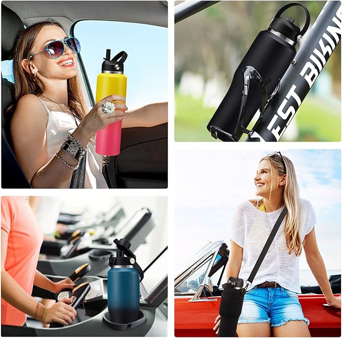 32OZ Insulated Water Bottle with Straw - Stainless Steel Water Bottle w/Carrier Pouch with Strap & Boot, Wide-Mouth Vacuum Insulated Bottle Fit in Car Bike Cup Holder