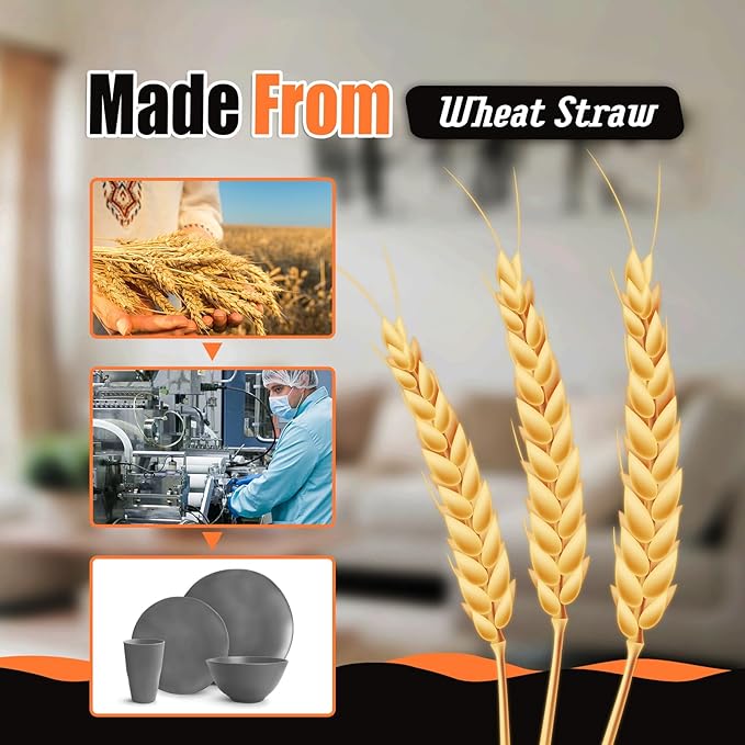 Teivio 32-Piece Kitchen Plastic Wheat Straw Dinnerware Set, Service for 8, Dinner Plates, Dessert Plate,Cereal Bowls,Cups, Unbreakable Plastic Outdoor Camping Dishes,Irregular Deep Gray