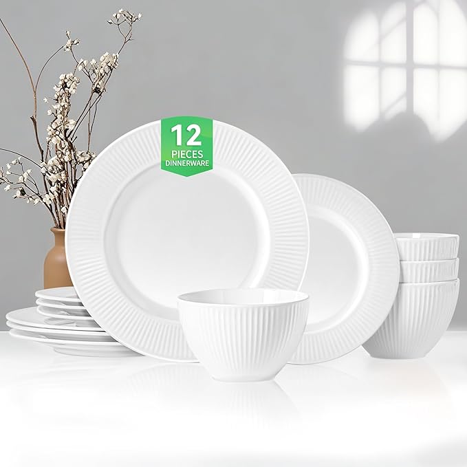 12 Piece Porcelain Dinnerware Sets for 4, White Plates and Bowls Sets with Embossed Stripe Decro, Elegant Kitchen Dish Sets - Dishwasher and Microwave Safe, QOMO-1996