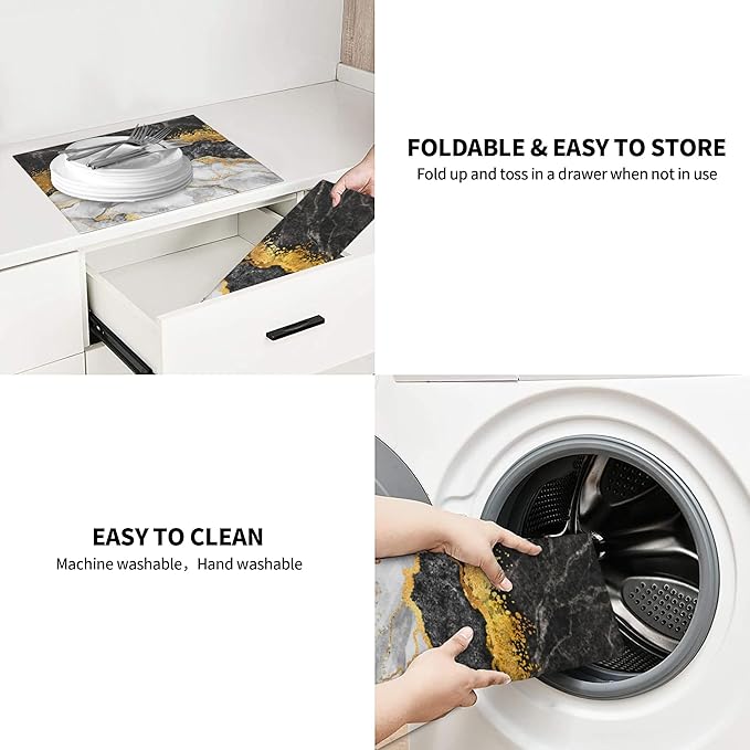 Black Gold Marble Dish Drying Mat for Kitchen Counter Gold and Black Grey Dish Drainer Rack Mats 16x18 Inches Absorbent Reversible Cute Drying Pad