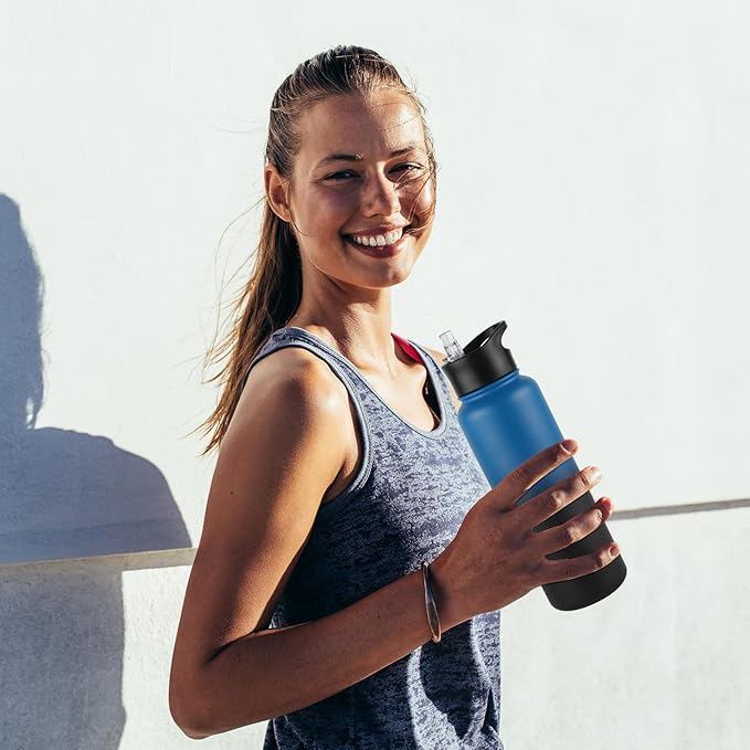 40 oz Insulated Water Bottle with Straw, Stainless Steel Sports Water Bottles with 2 Lids (Straw and Wide Mouth lid), Double Wall Vacuum, Leakproof, BPA-Free, Blue Black Gradient