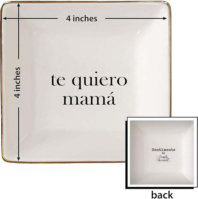 Simply Charmed I Love You Mom Spanish Gift - Ceramic Jewelry Dish or Ring Holder – Trinket Tray – Fun Birthday or Christmas Gift for Mama or Madre