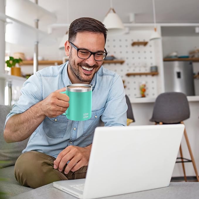 WETOWETO 14 oz Coffee Mug, Vacuum Insulated Camping Mug with Lid, Double Wall Stainless Steel Travel Tumbler Cup, Coffee Mugs Outdoor, Powder Coated Aquifer Blue