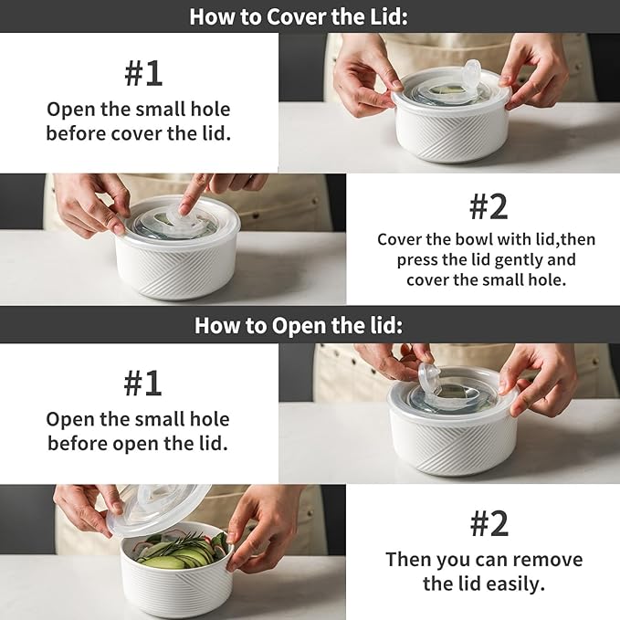 Ceramic Nesting Bowls with Lid: Microwave Safe Food Storage Containers for Work Lunch Picnic Camping Meal Prep Soup Salad Cereal Leftovers - 5 & 6 Inch, 20 & 32 oz, Set of 4, White