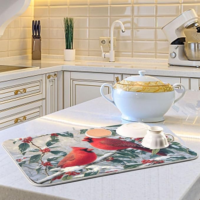 Red birds Snow Dish Drying Mat for Kitchen Counter Super Absorbent Dishes Pad Reversible Microfiber Protector Dish Draining Mats 16x18 inch