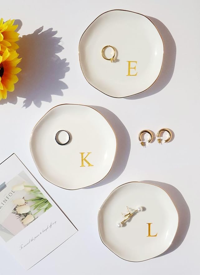 Ceramic Jewelry Tray Initial Ring Dish Personalized K-Monogrammed Engagement Wedding Gifts, for Birthday Mother's Day Christmas for Women, Ceramic White 4.75" (K)
