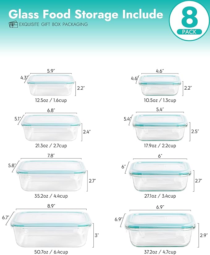 8-Piece Borosilicate Glass Food Storage Containers Set with Airtight Lids – Oven, Microwave & Freezer Safe, Leak-Proof, BPA-Free – Baking, Meal Prep & Gift Box
