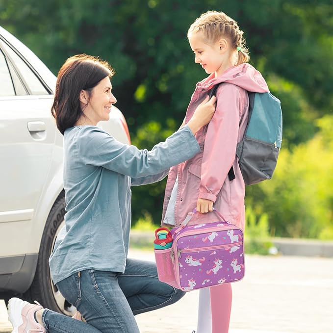 Bagseri Kids Lunch Bag for Girls - Insulated Kids Lunch Box for Daycare and School Reusable Meal Tote Bag with Water Bottle Holder, Easy-Clean Water-Resistant Fabric, Purple Cute Unicorn