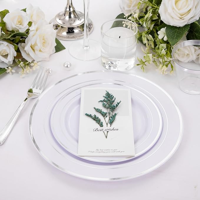 bUCLA 150-Piece Silver Disposable Dinnerware Set - White Plastic Plates with Silver Rim - Include 25 Dinner Plates, 25 Dessert Plates, 25 Forks, 25 Knives, 25 Spoons & 25 Cups for Party & Christmas