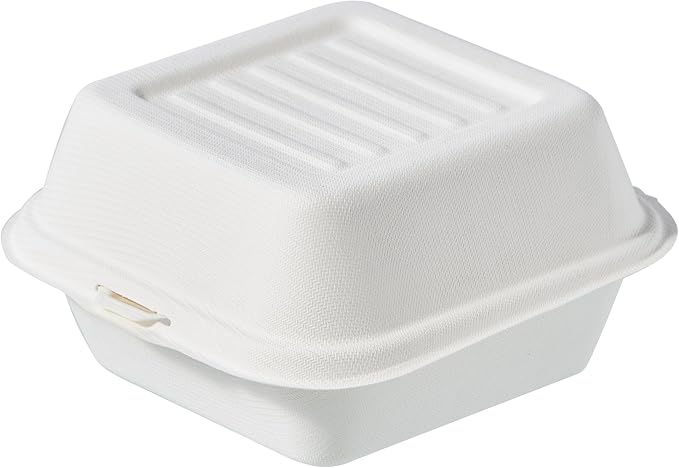 CIAO! 6"x6"x3" Clamshell 1 Compartment 100% Compostable Ecofriendly PFAS Free Unbleached Bagasse Natural White (500/case)