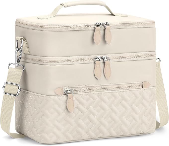 Capolo Lunch Box for Women Men Adults,Double Deck Insulated Lunch Bag Leakproof Lunch Cooler Box with Removable Strap Lunch Tote Bags Reusable Thermal Lunchbox for School Work Picnic(Large,Beige)