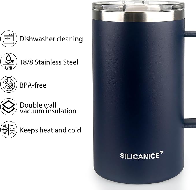 24 oz stainless steel glass with handle double-wall insulation, easy to hold and clean, suitable for coffee, beverages, cola, protein powder, beer Navy