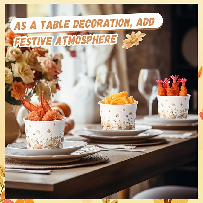 50 Pack Fall Floral Treat Snack Cups Autumn Flowers Paper Ice Cream Cups 9 oz Watercolor Flower Disposable Dessert Bowls for Hot or Cold Food Fall Wedding Baby Shower Birthday Party Supplies