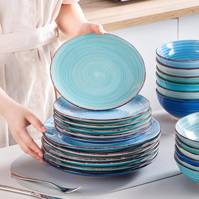 vancasso Bonita Dinnerware Set 24 Pieces Blue Stoneware Service for 6, Handpainted Spirals Pattern Stoneware Combination Set