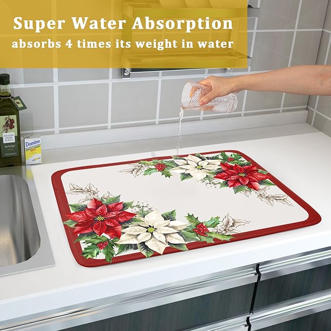 Christmas Dish Drying Mats for Kitchen Counter 18×24 Inch Red White Poinsettia Christmas Flower Large Microfiber Drying Mat Kitchen Accessories Dish Rack Mat Drainer Pad Washable Absorbent