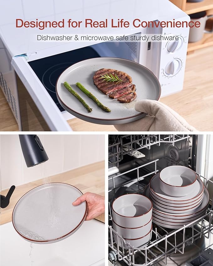 Famiware Nebula Ridge Stoneware Dinnerware Sets, Plates and Bowls Sets for 4, 12 Pieces Dishes Set, Microwave and Dishwasher Safe Kitchen Plates, Light Gray