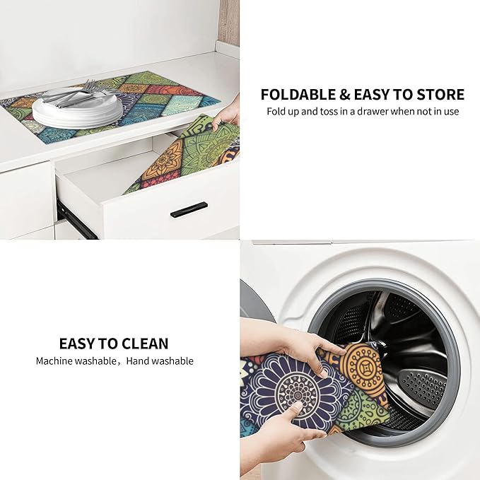 Retro Boho Dish Drying Mat 18x24 Inch, Microfiber Absorbent Fast Dry Mat Mandala Large Dish Mat Drying Kitchen Mat, Kitchen Drying Pad for Kitchen Counter Coffee Bar Decor Gifts