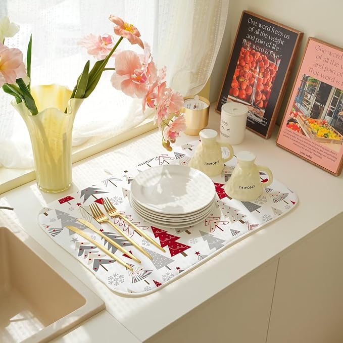 Christmas Decor Dish Drying Mat 18 x 24 inch Geometric Colorful Christmas Tree Pine Trees Decorative Drying Mats Microfiber Absorbent Dish Washable Draining Mat for Kitchen Counter