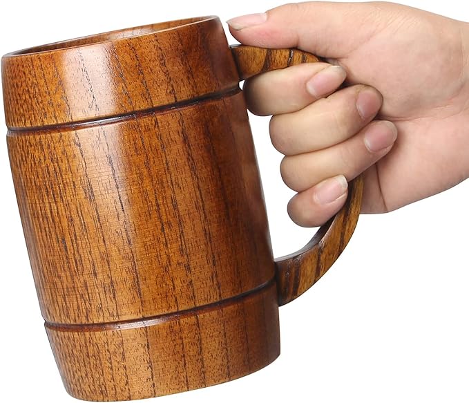 18 oz Large Wooden Beer Mug Gift for Men Women Big Vintage Viking Cup Rustic Cool Wood Stein Tankard Handmade Unique Coffee Man Mugs for Him Male Dad Husband Manly Camping Tea Cup Outdoor Fancy Mug