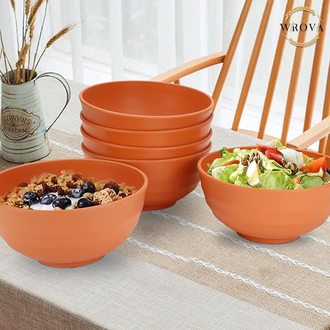 Wheat Straw Bowls Set 60 OZ Unbreakable Large Cereal Bowls Set of 6 Microwave and Dishwasher Safe Bowls Big Bowls for Eating BPA Free Soup Bowl for Serving Oatmeal and Salad Orange