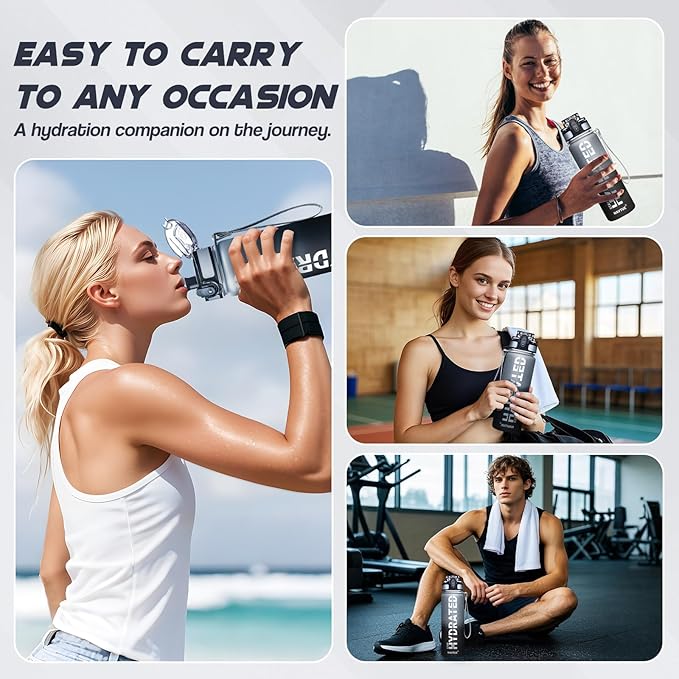 Water Bottle, 32oz Sports Water Bottles with Time Marker Wide Mouth, Motivational and Leakproof Drink Bottle, BPA Free Tritan with Carry Strap for Gym Fitness Outdoor (Direct Drink 1 Bottle)