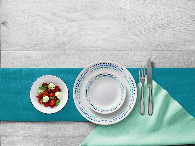 Corelle Vitrelle 18-Piece Service for 6 Dinnerware Set Triple Layer Glass and Chip Resistant, Lightweight Round Plates and Bowls Set, Ocean Blue