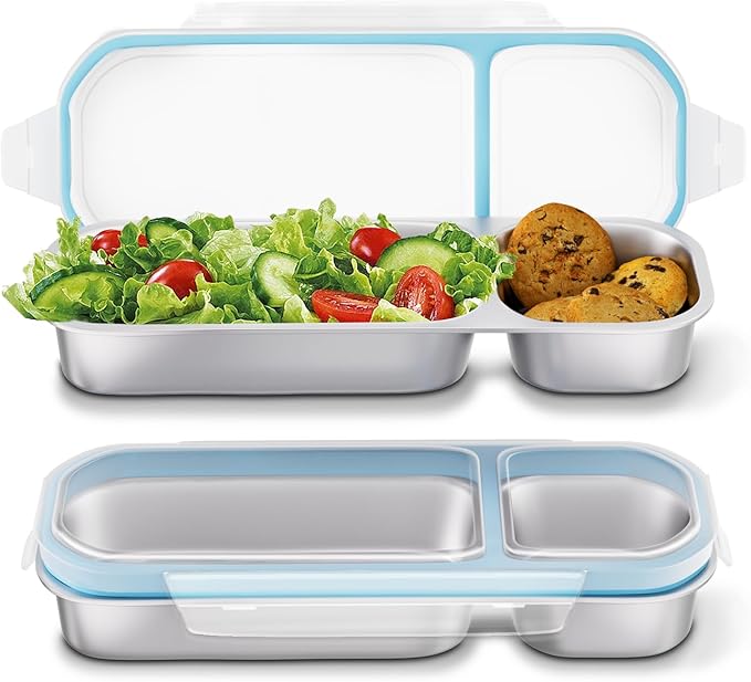 Stainless Steel Snack Containers for Kids Adults, 2 Pack 2 Compartment Metal Snack Containers Box with Lid, Reusable Food Storage Container, Leak Proof, Grab and Go, Blue
