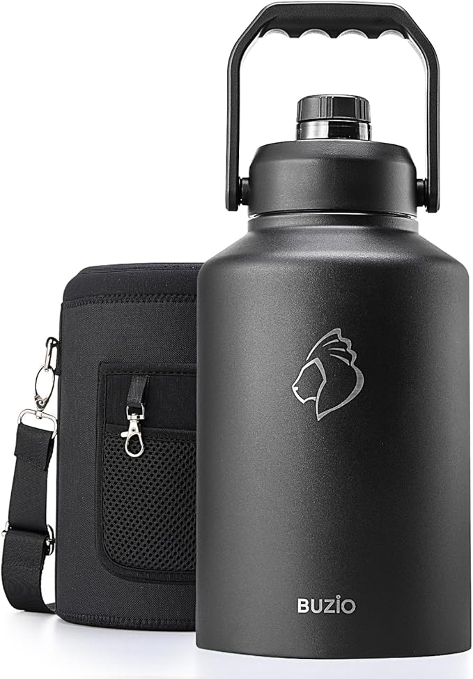 BUZIO 1 Gallon Water Bottle Insulated, (Cold for 48 Hrs) 3.58in Big Wide Mouth Leak Proof, 128oz Large Water Jug Stainless Steel Metal Flask with Handle for Camping,Outdoor Work,Travel,Hiking, Black