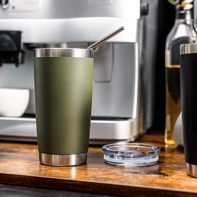 COMOOO 20oz Double Wall Vacuum Insulated Travel Mug, Stainless Steel Tumbler with Lid and Straw Durable Powder Coated Insulated Coffee Cup for Cold & Hot Drinks(Army Green, 1 Pack)