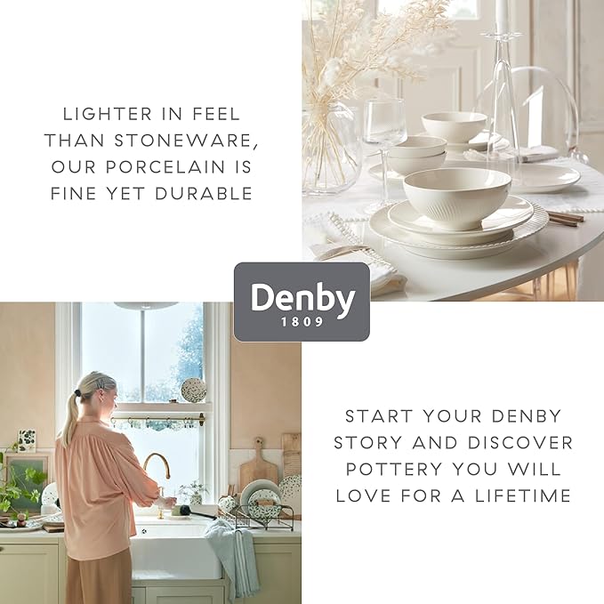 Denby - Arc White Porcelain Dinner Set For 4-12 Piece Textured Tableware Set For Any Occasion - Dishwasher Microwave Oven Safe - Scratch Chip Resistant
